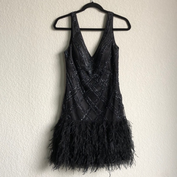 Sue Wong Dresses & Skirts - Sue Wong Beaded Flapper Style V Neck Mini Dress Size 6 Black Evening Costume